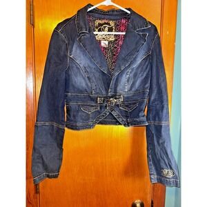 Fabulosity Kimora Lee Simmons Vintage Dark Denim Jacket Logo Buckle Large